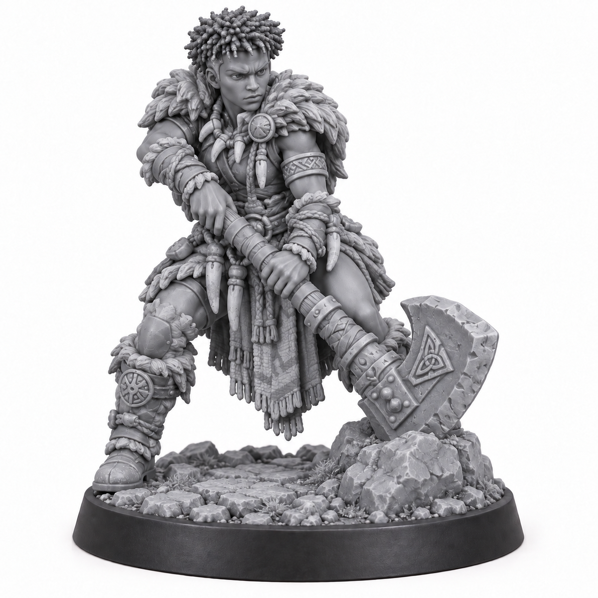 Cass — Mirror Educatio Barbarian miniature, unpainted grey resin reference