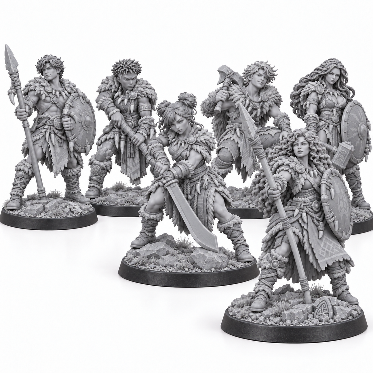The Entourage as Barbarians — six unpainted grey resin reference miniatures