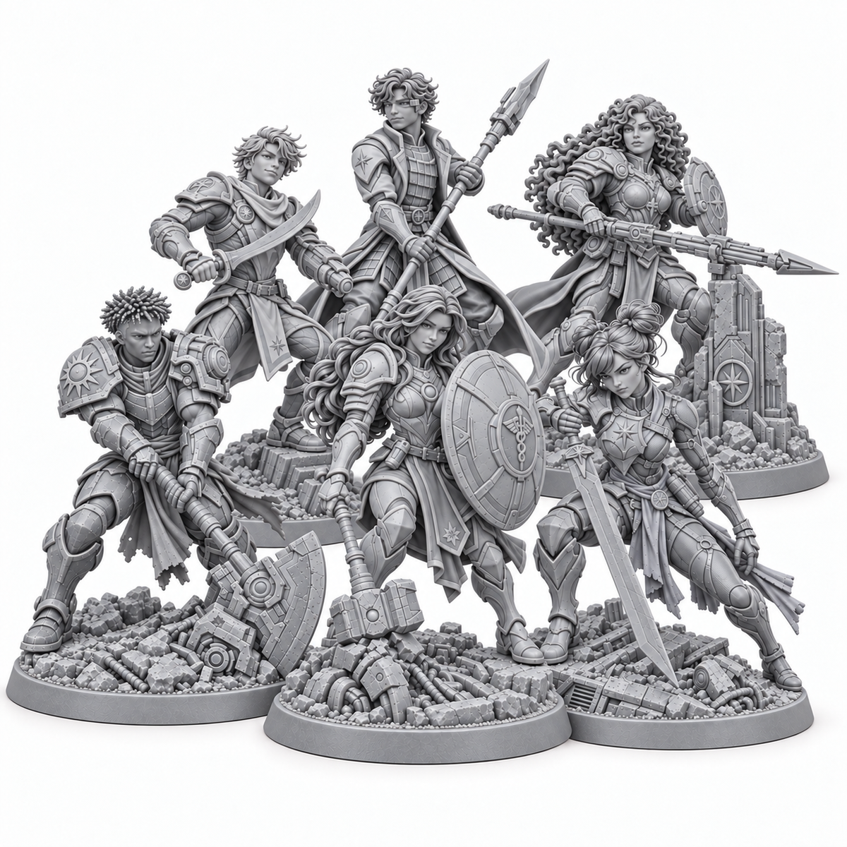 The Entourage in Asterian hybrid armour — six unpainted grey resin reference miniatures
