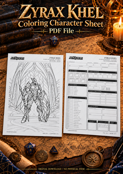 Zyrax Khel Coloring Character Sheet digital PDF fantasy cover