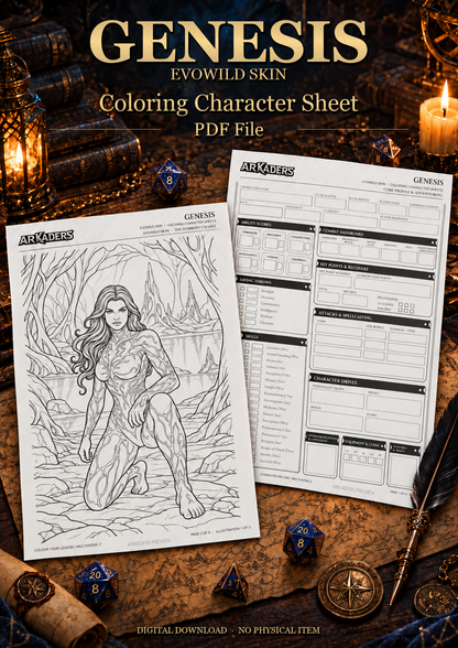 Fantasy cover with Genesis EvoWild printable character record and colouring illustration