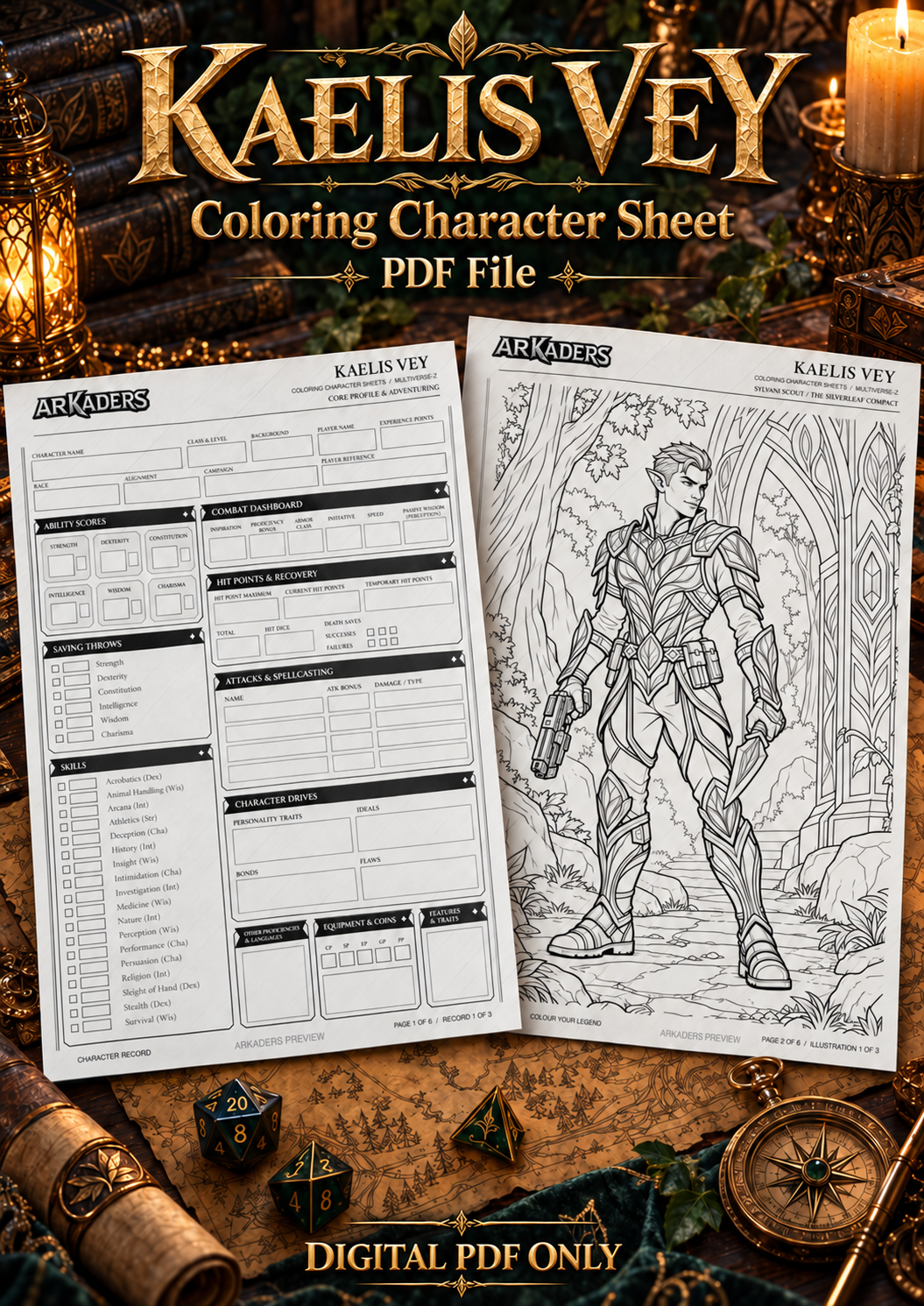 Fantasy tabletop cover with Kaelis Vey's character record and colouring illustration. Digital PDF only.
