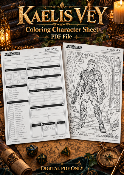 Fantasy tabletop cover with Kaelis Vey's character record and colouring illustration. Digital PDF only.