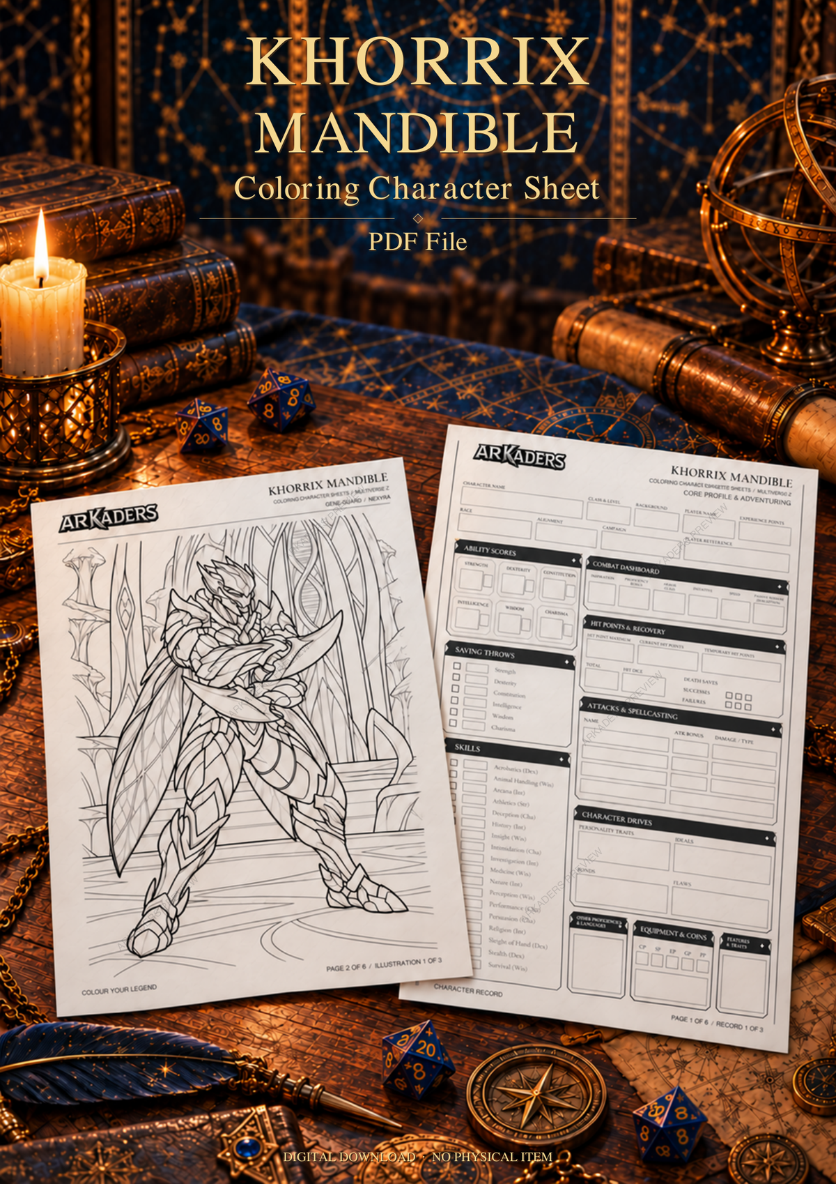 Khorrix Mandible digital colouring character sheet fantasy cover with protected A4 record and illustration