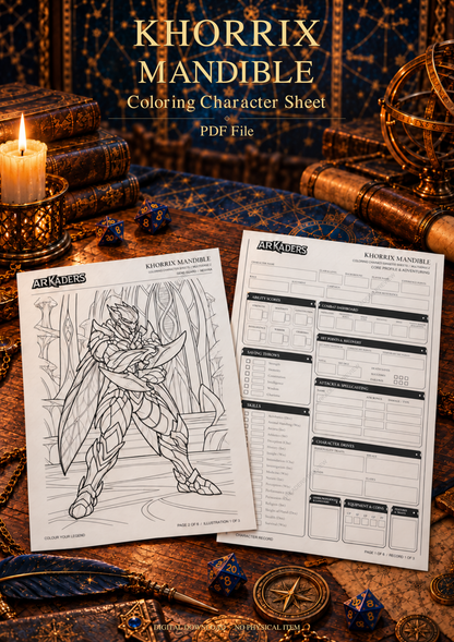 Khorrix Mandible digital colouring character sheet fantasy cover with protected A4 record and illustration
