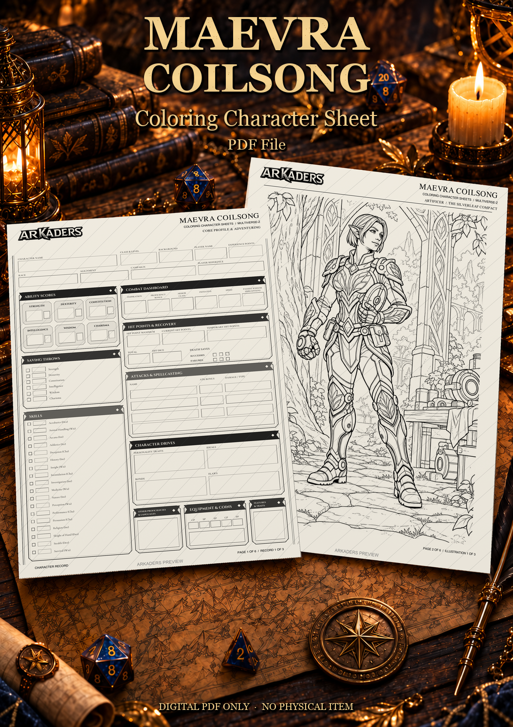 Maevra Coilsong digital PDF colouring character sheet on a fantasy gaming table