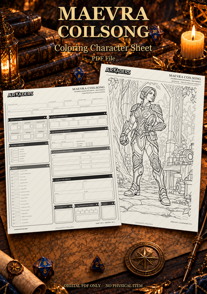 Maevra Coilsong digital PDF colouring character sheet on a fantasy gaming table