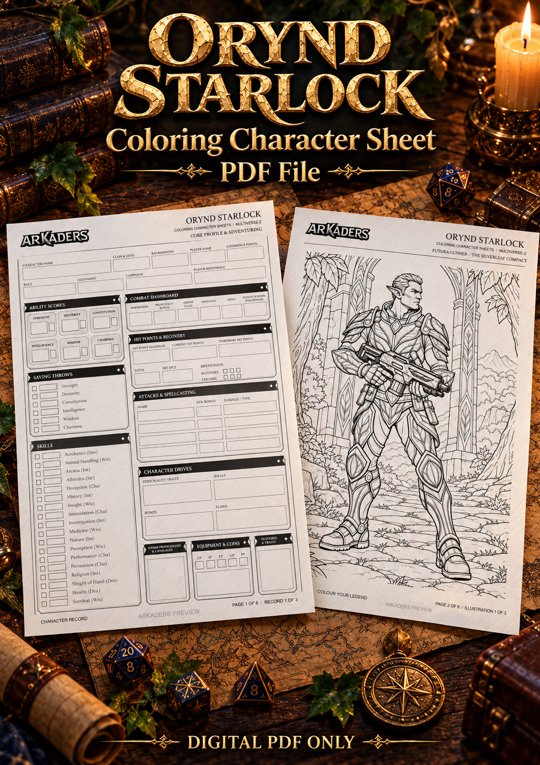 Orynd Starlock Coloring Character Sheet — fantasy tabletop cover; digital PDF only