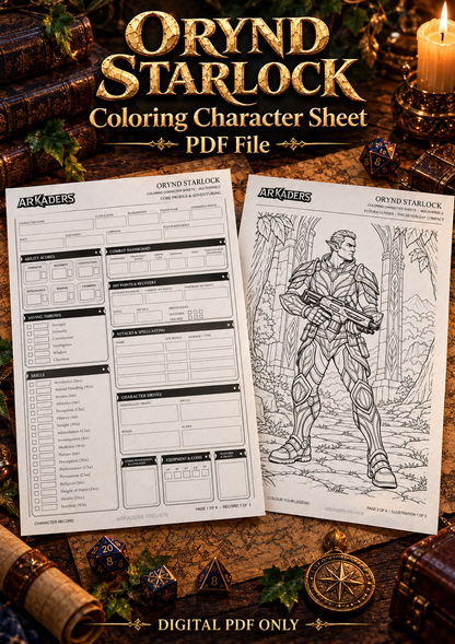 Orynd Starlock Coloring Character Sheet — fantasy tabletop cover; digital PDF only