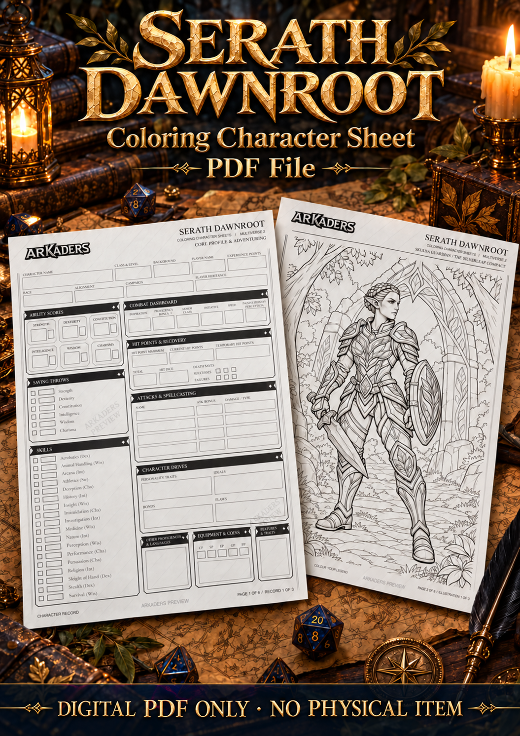 Fantasy tabletop cover showing Serath Dawnroot's character record and gateway illustration. Digital PDF only.