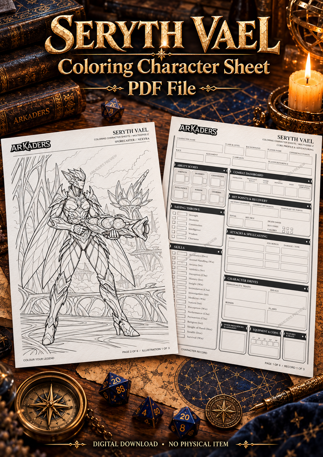 Seryth Vael — fantasy cover with character record and colouring page