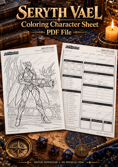 Seryth Vael — fantasy cover with character record and colouring page