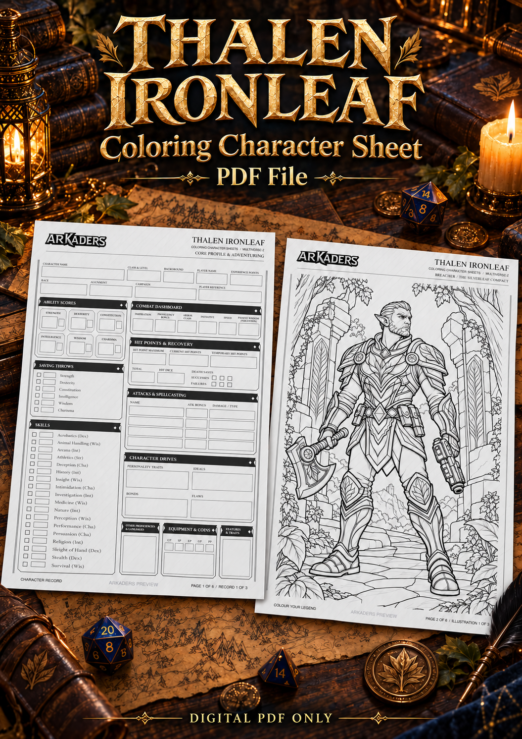 Thalen Ironleaf Coloring Character Sheet — integrated fantasy cover, digital PDF