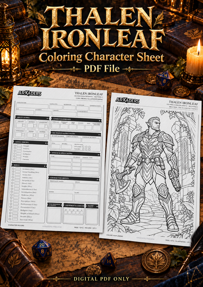 Thalen Ironleaf Coloring Character Sheet — integrated fantasy cover, digital PDF