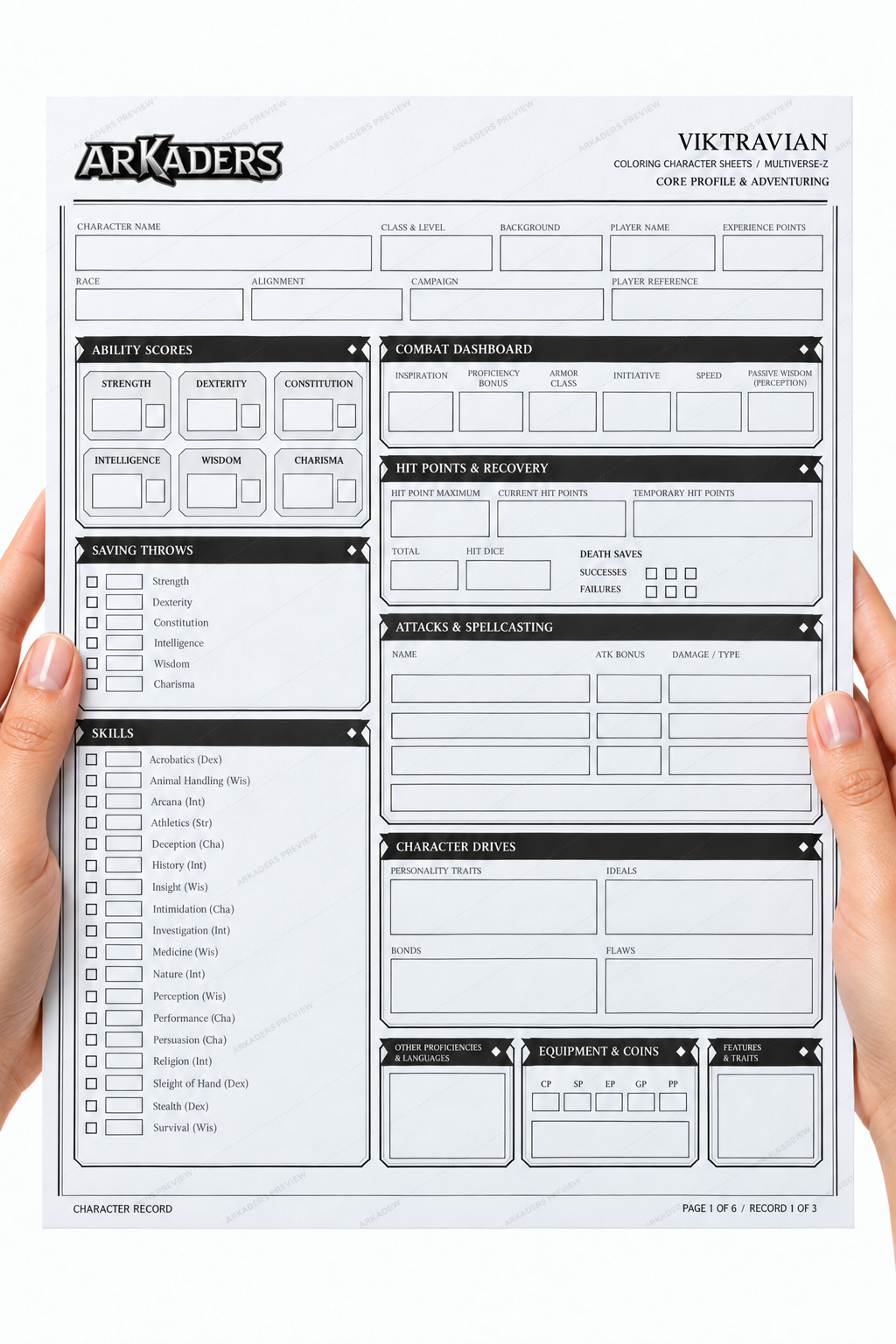 Viktravian — Fillable character record printed on complete A4 held in hands