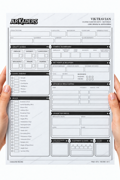 Viktravian — Fillable character record printed on complete A4 held in hands