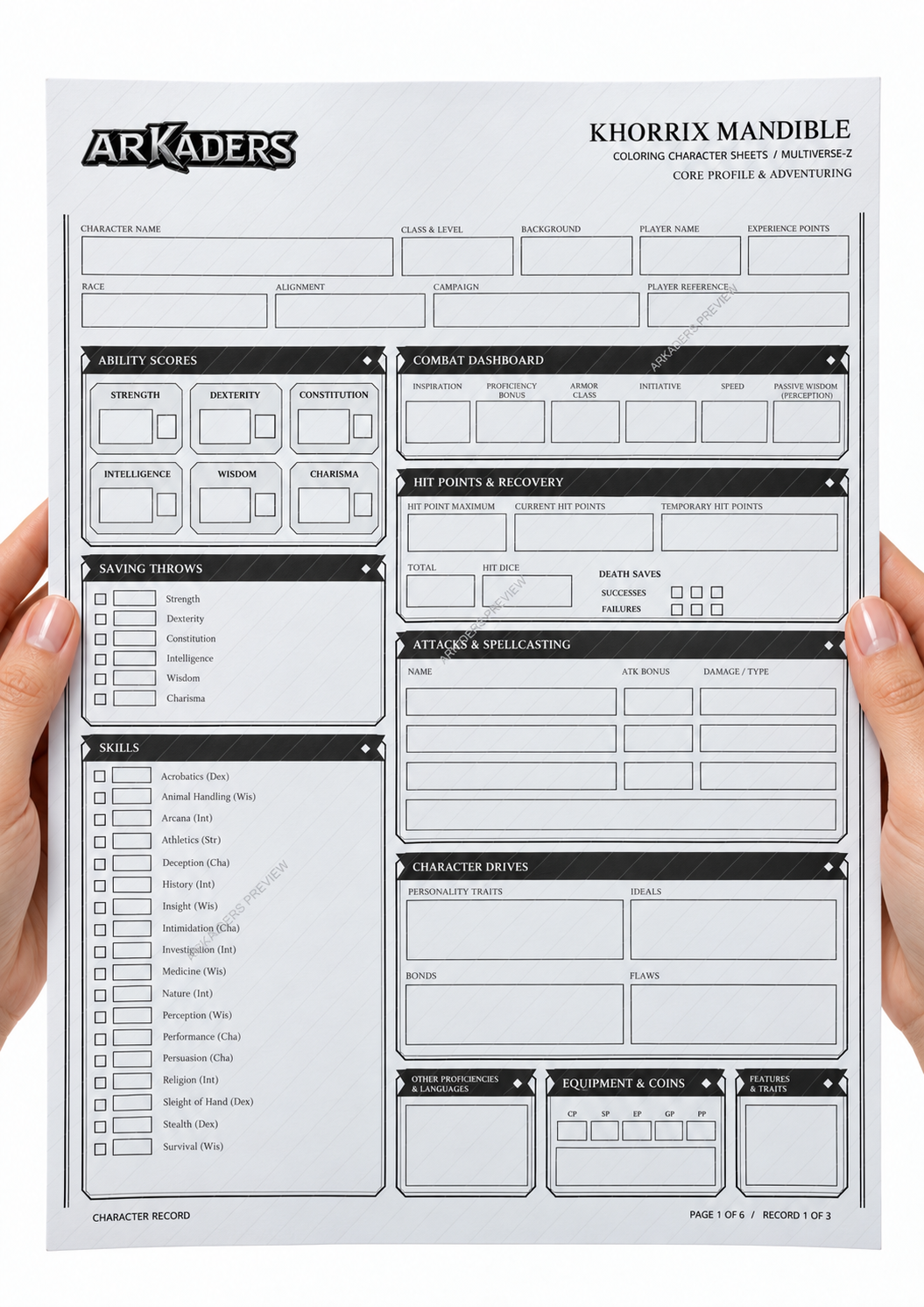 Complete Khorrix Mandible fillable character record held by adult hands on white