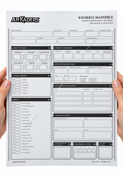 Complete Khorrix Mandible fillable character record held by adult hands on white