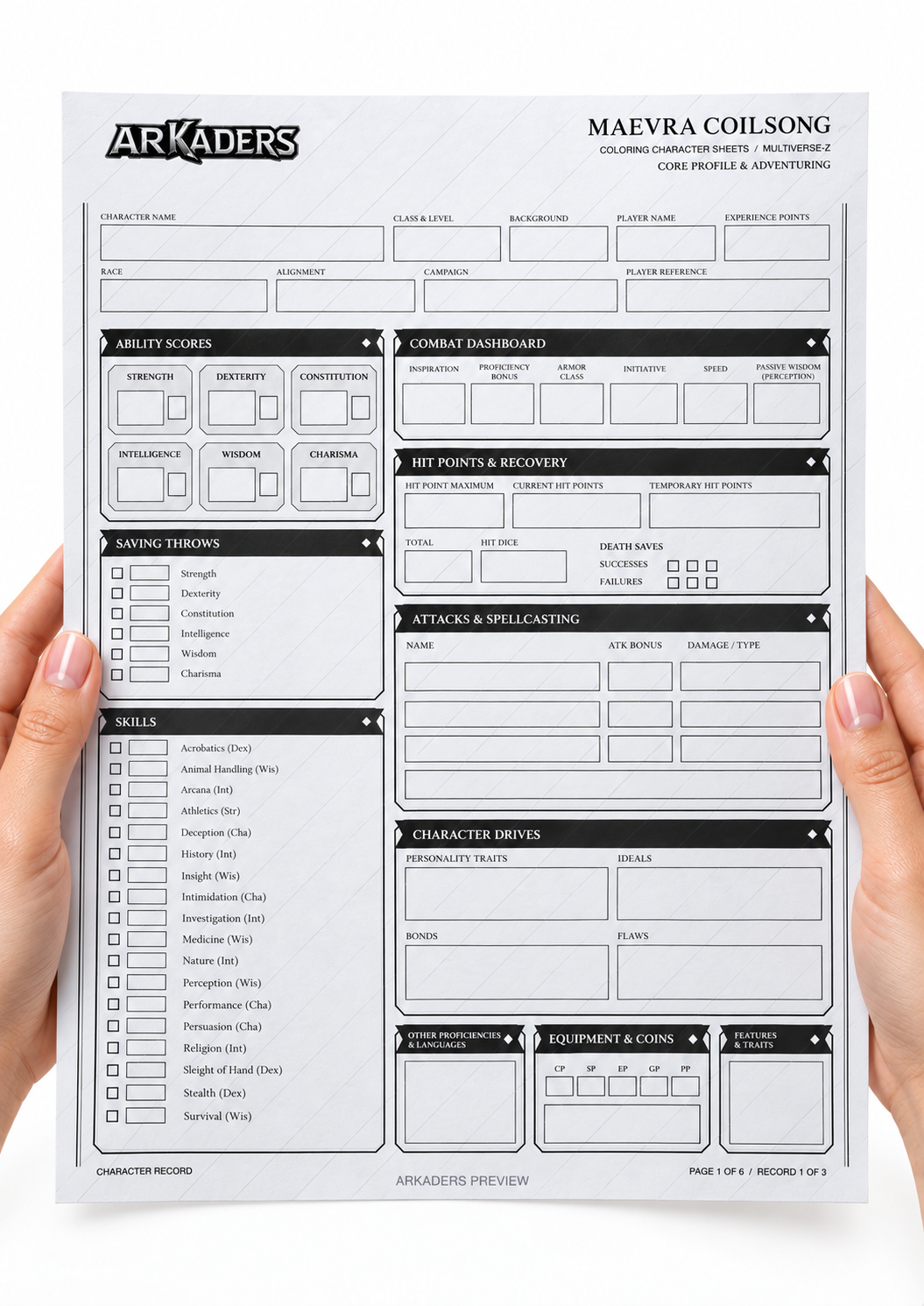 Maevra Coilsong fillable character record printed on A4 held in hands