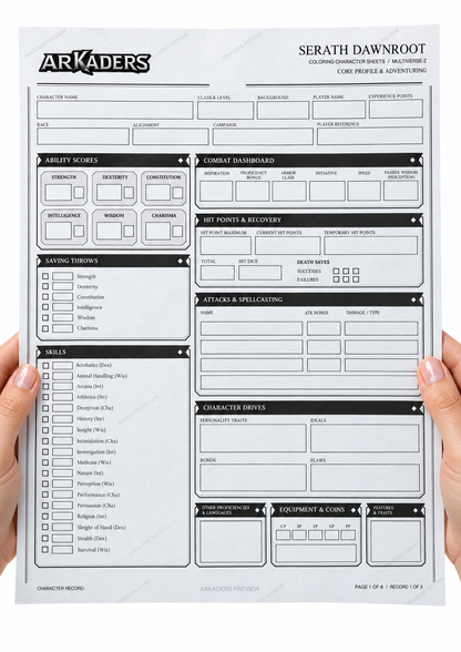 Woman's hands holding Serath Dawnroot's complete printed character record.