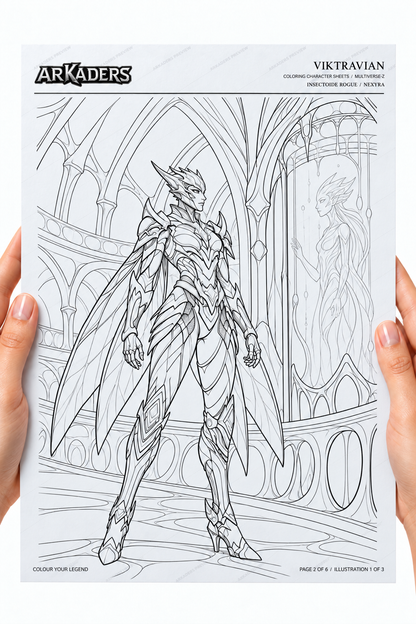 Viktravian — Standing Viktravian colouring illustration on complete A4 held in hands