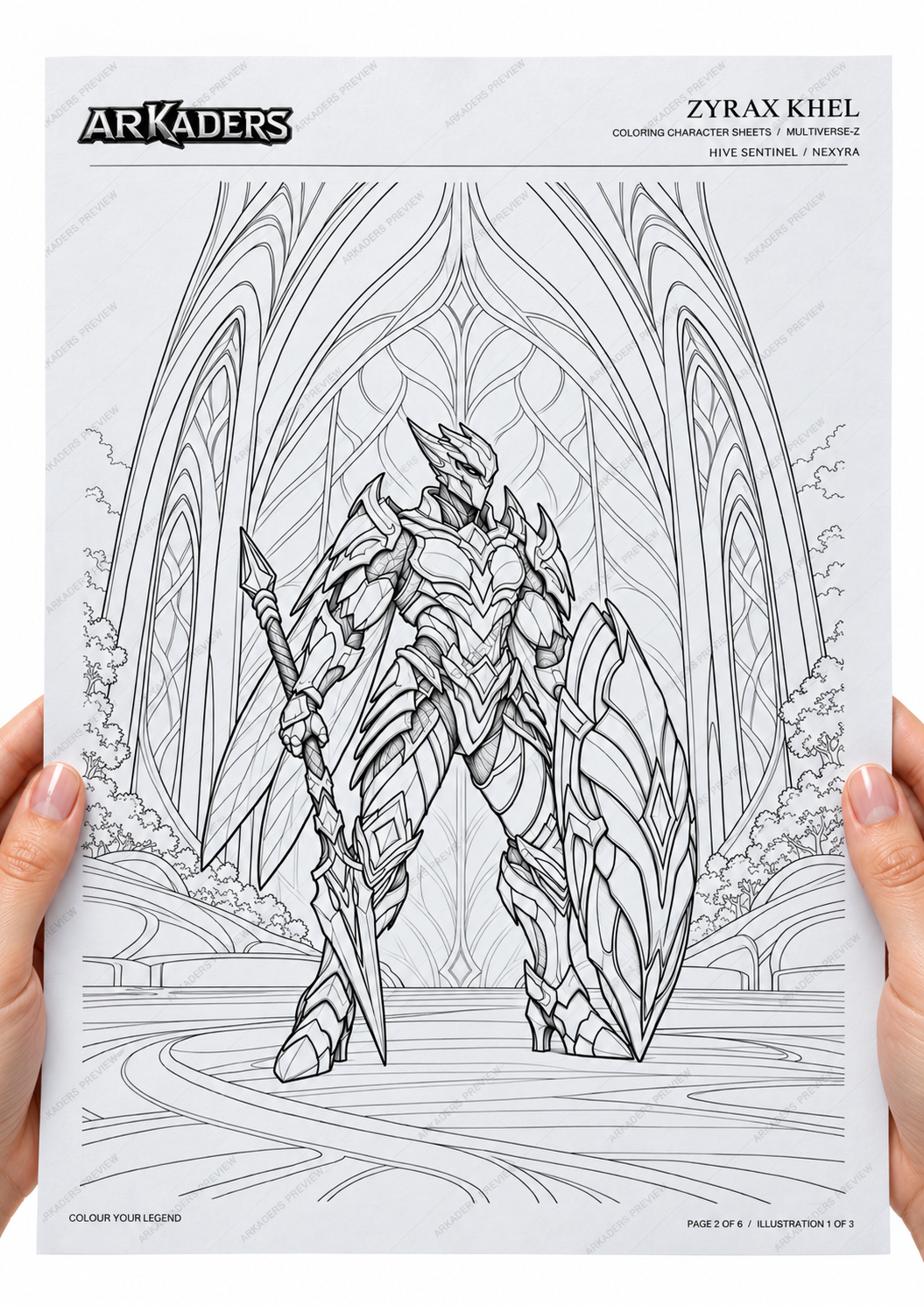 Zyrax Khel first colouring illustration held in hands