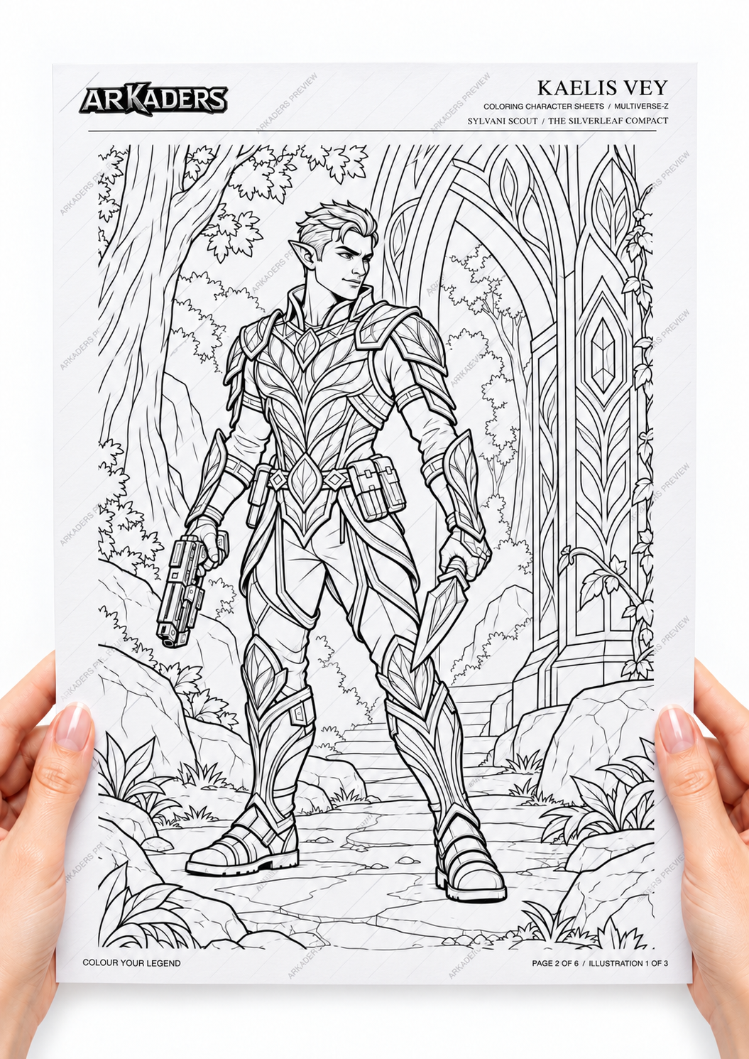 Woman's hands holding Kaelis Vey's printed heroic colouring page.