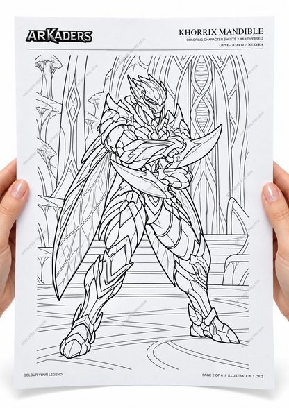 Complete Khorrix Mandible colouring illustration held by adult hands on white