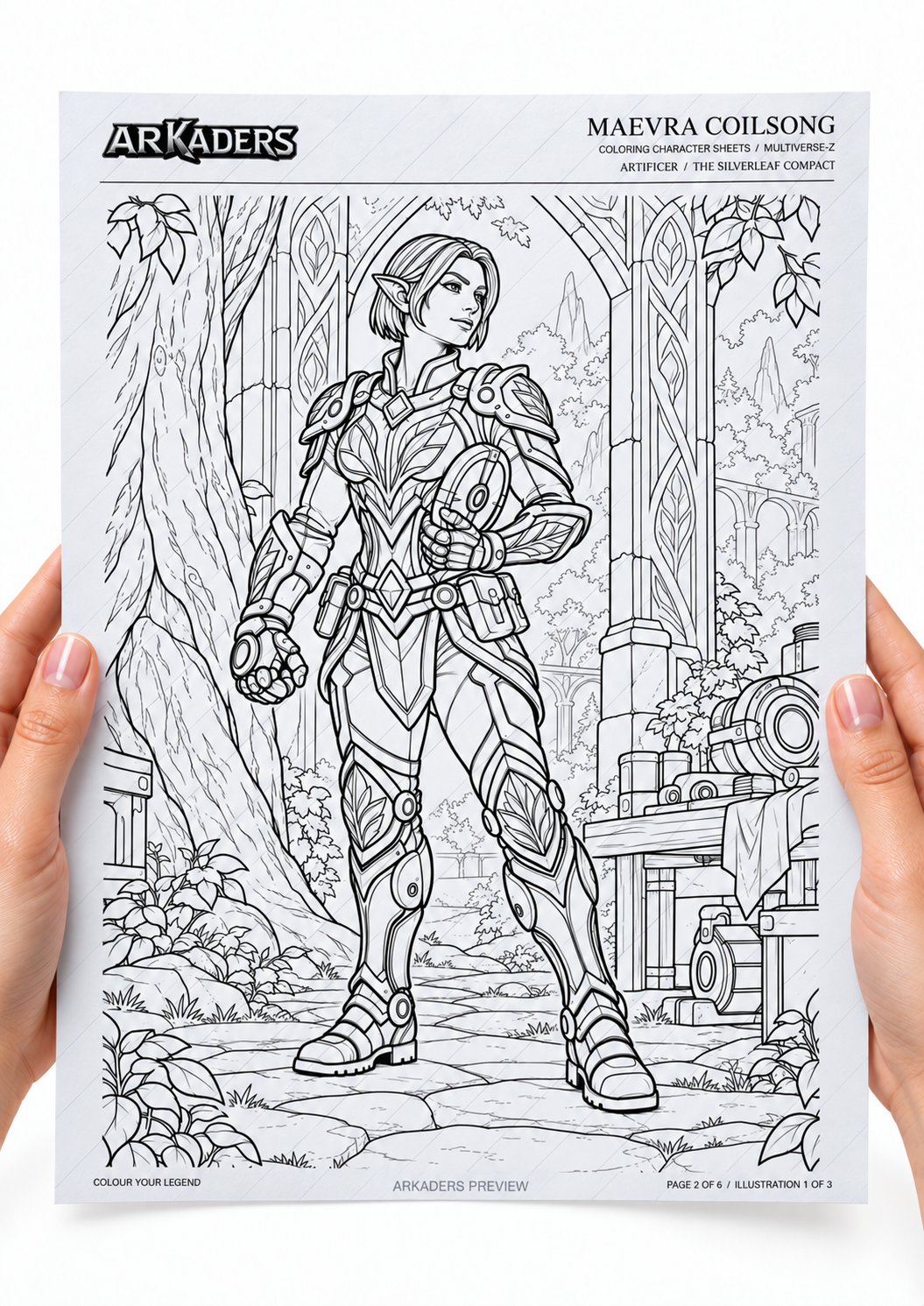 Maevra Coilsong first colouring illustration printed on A4 held in hands