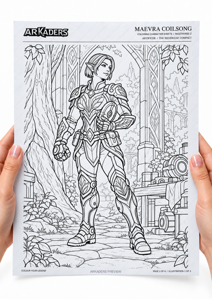 Maevra Coilsong first colouring illustration printed on A4 held in hands