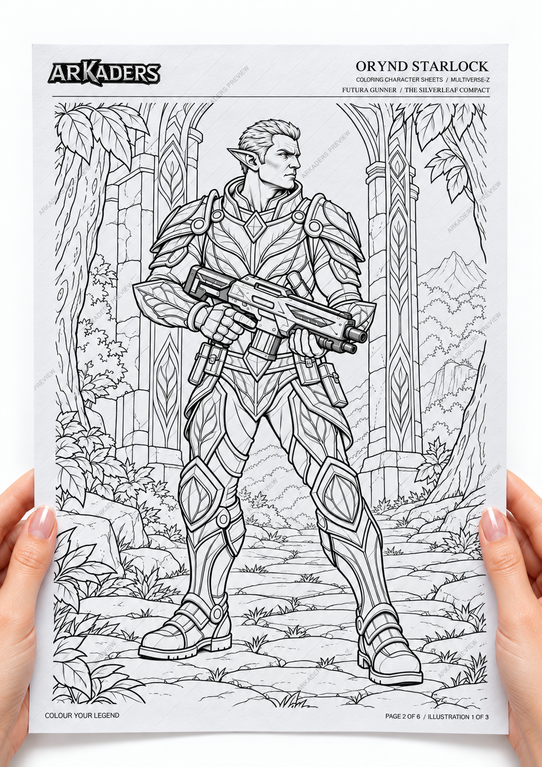 Hands holding Orynd Starlock woodland-gateway colouring illustration on printed A4 paper; protected preview