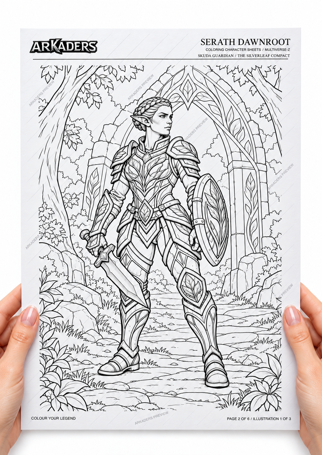 Woman's hands holding Serath Dawnroot's complete gateway colouring illustration, matching page 2 of the PDF.