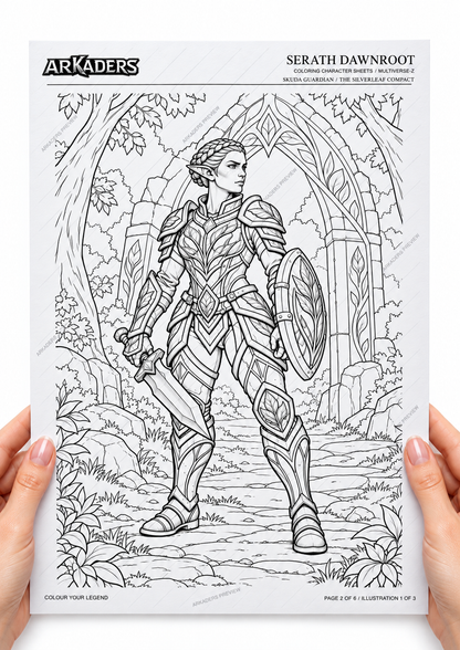 Woman's hands holding Serath Dawnroot's complete gateway colouring illustration, matching page 2 of the PDF.