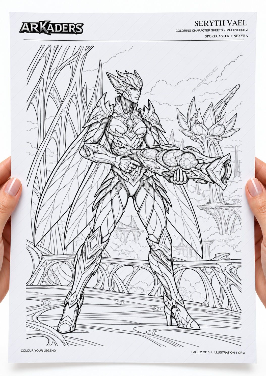 Seryth Vael — standing colouring illustration held in hands