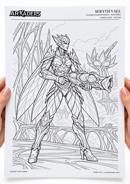 Seryth Vael — standing colouring illustration held in hands