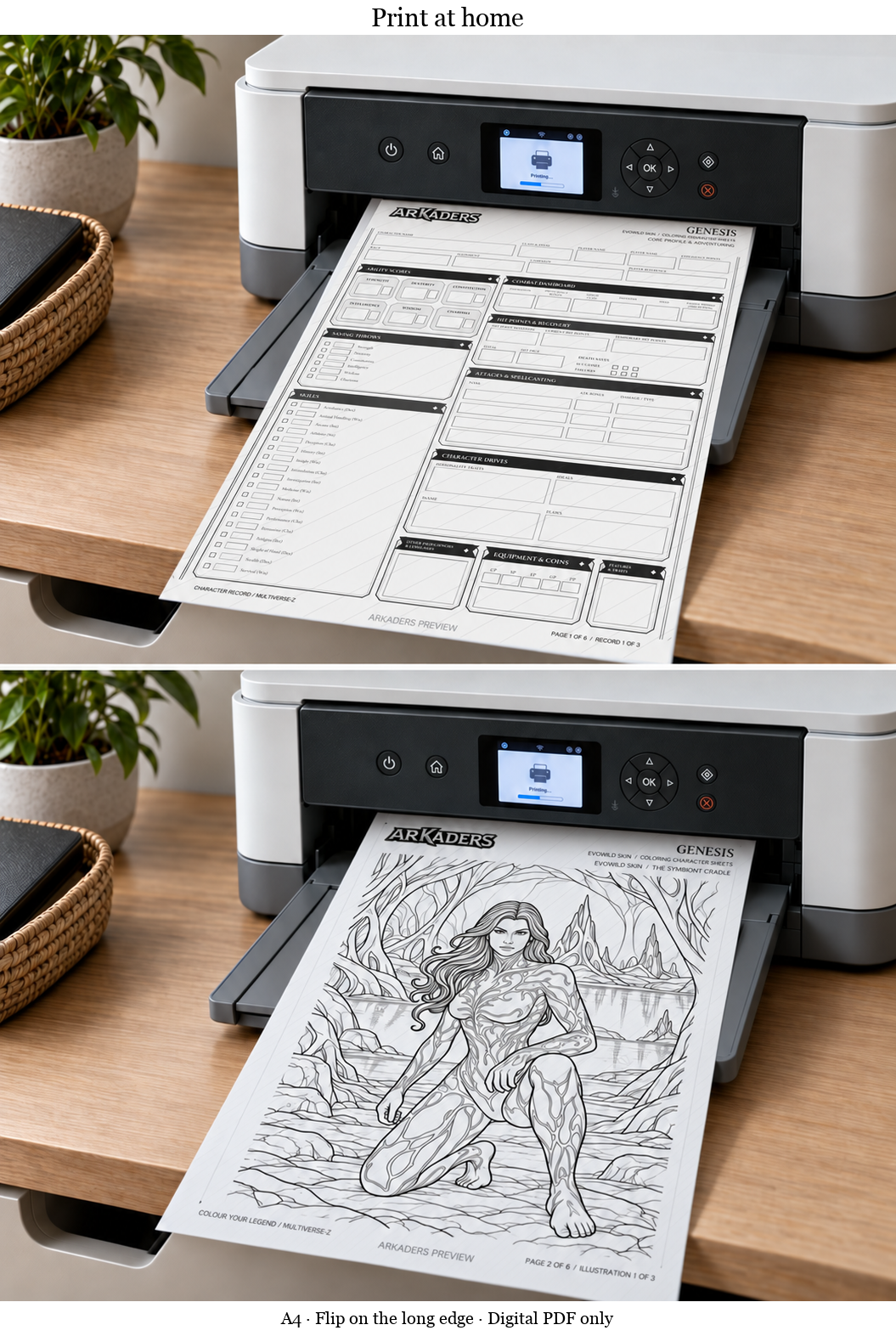 Two independent printing moments showing the exact Genesis EvoWild character record and colouring illustration on normal A4 paper