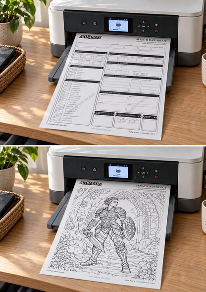 Two printing moments showing Serath Dawnroot's record and gateway colouring page on A4 paper.