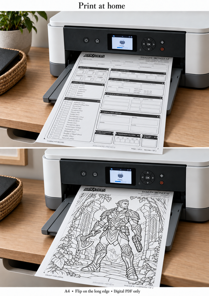 Thalen Ironleaf — two realistic photographs of the character record and woodland colouring illustration printing on A4. Protected preview; digital PDF only.