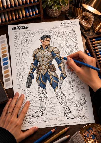 Partially coloured Kaelis Vey, with a navy pencil colouring the navy sleeve. Colouring example; digital PDF only.