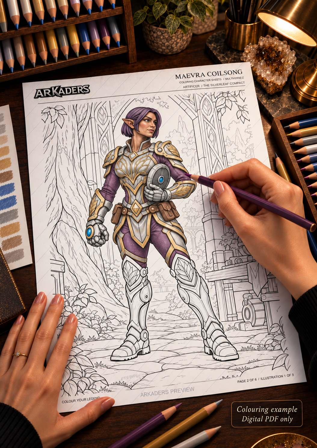 Partially coloured Maevra Coilsong illustration — colouring example, digital PDF only