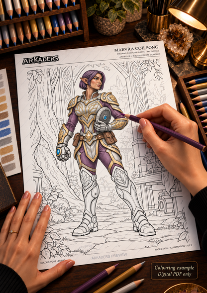 Partially coloured Maevra Coilsong illustration — colouring example, digital PDF only