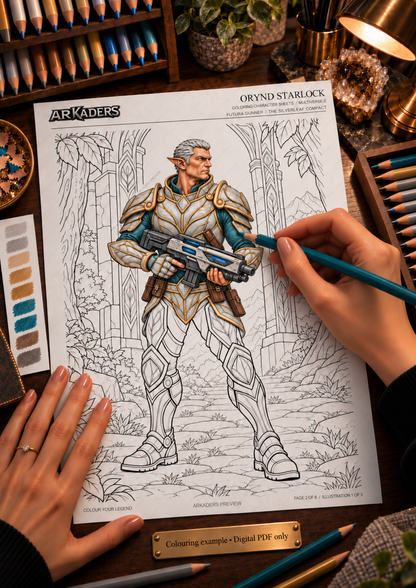 Partially coloured Orynd Starlock in his silver, gold and teal miniature palette. Colouring example; digital PDF only.