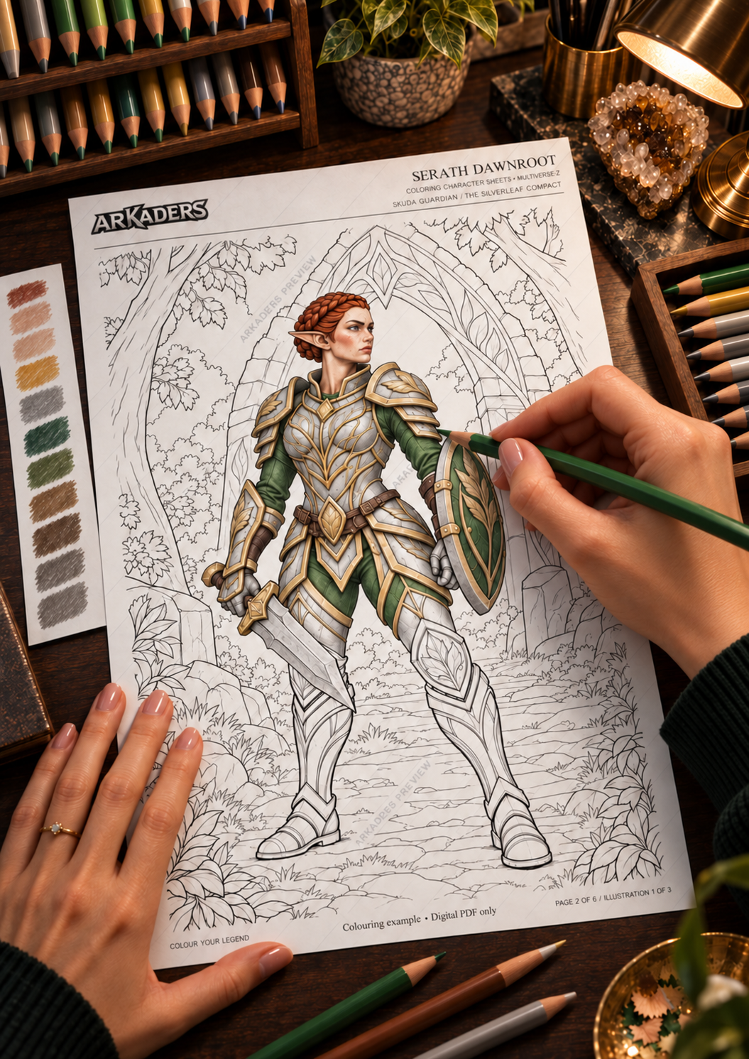 Partially coloured Serath Dawnroot with auburn hair, silver-gold armour and green fabric on her printed colouring page.