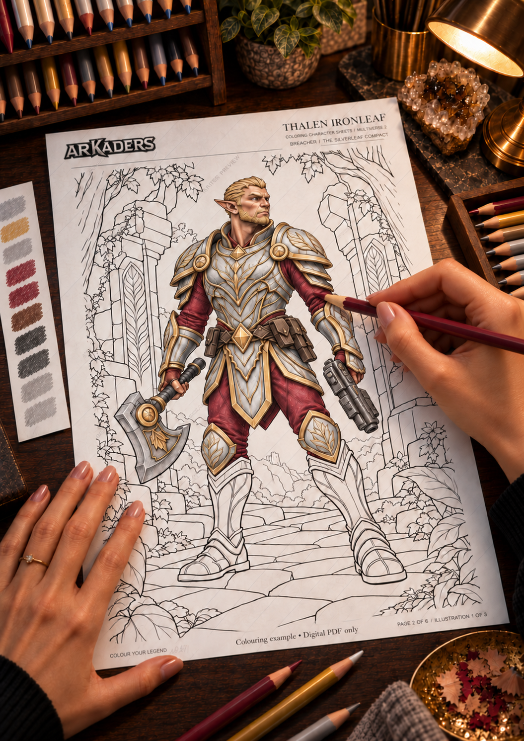 Thalen Ironleaf — a woman colours burgundy fabric on the printed woodland illustration; blond hair and beard, silver-and-gold armour and rigid black axe grip match his miniature. Digital PDF only.