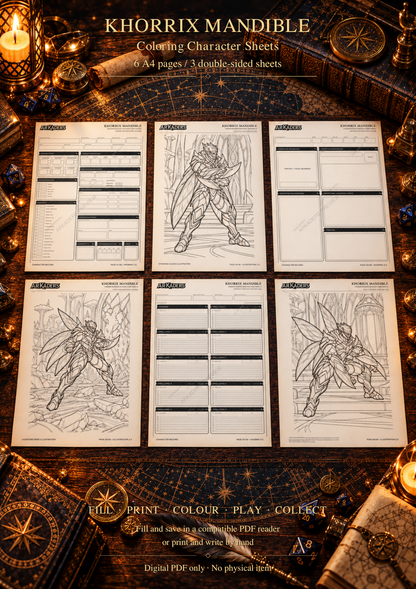 Khorrix Mandible six A4 pages, three double-sided sheets, fill print colour play collect