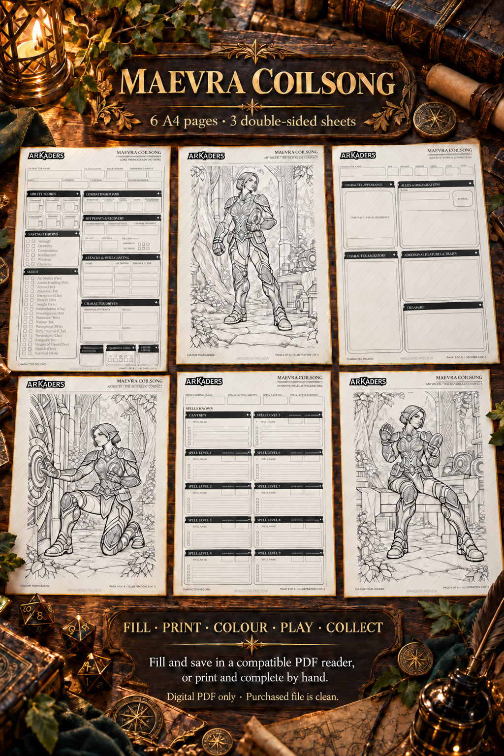 Maevra Coilsong six A4 pages and fill, print, colour, play and collect guide