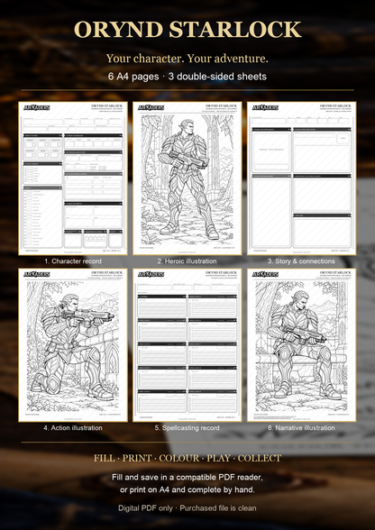 Orynd Starlock PDF contents: six A4 pages, three double-sided sheets, fill, print and colour