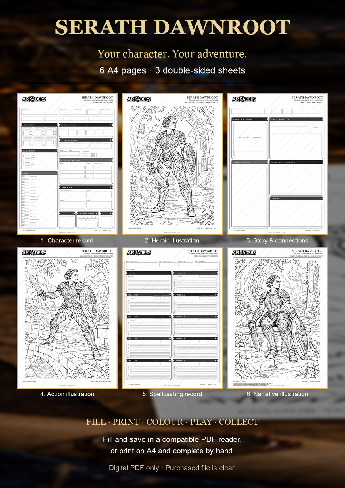 Six A4 pages in Serath Dawnroot's fillable PDF, with instructions for filling, printing and colouring.