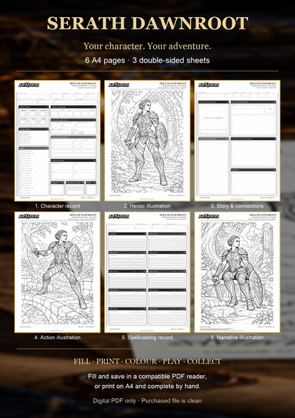 Six A4 pages in Serath Dawnroot's fillable PDF, with instructions for filling, printing and colouring.
