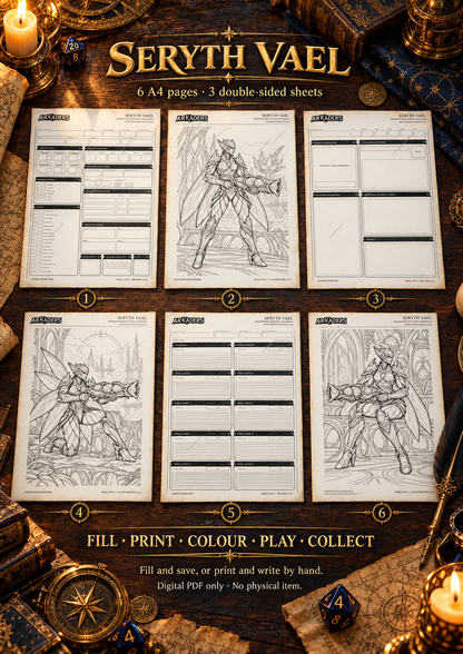 Seryth Vael — six A4 pages, three double-sided sheets